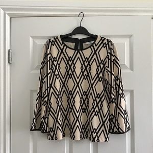 Beige/black graphic design long sleeve top with faux leather trim size 4 (S)